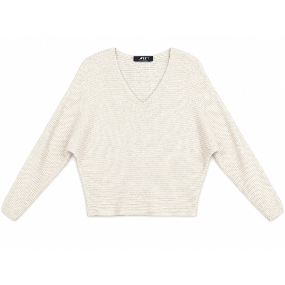 Lauren Ralph Lauren Rib-Knit Dolman Sweater Women's Medium Cream Cotton V-Neck